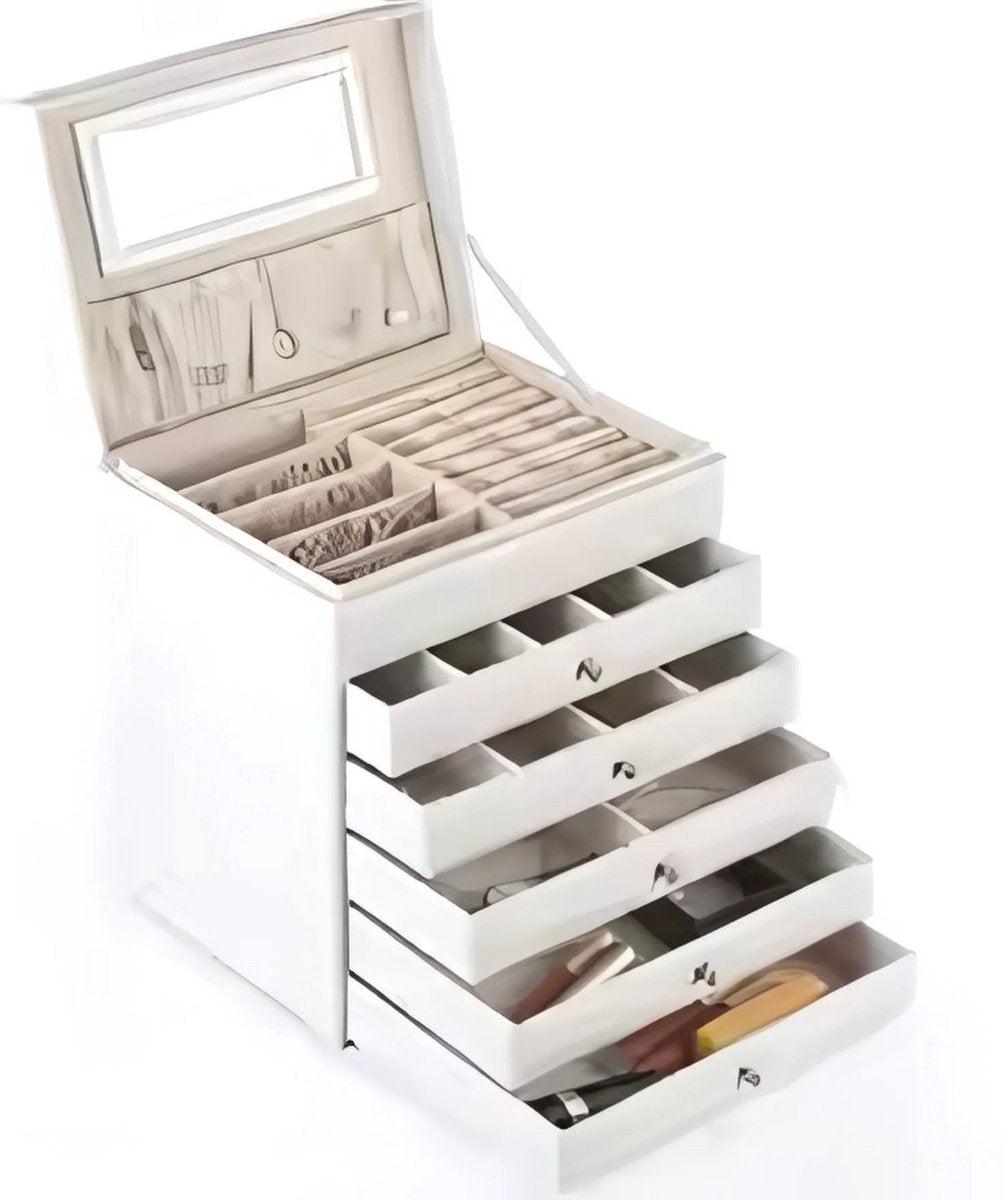 Sieradendoos - Juwelendoos - Sieradenhouder - Organizer - Juwelenkistje - Dames bijouteriedoos - Sieradenopslag met Lades voor Kettingen, Horloges, Ringen, Oorbellen en Armbanden - Wit