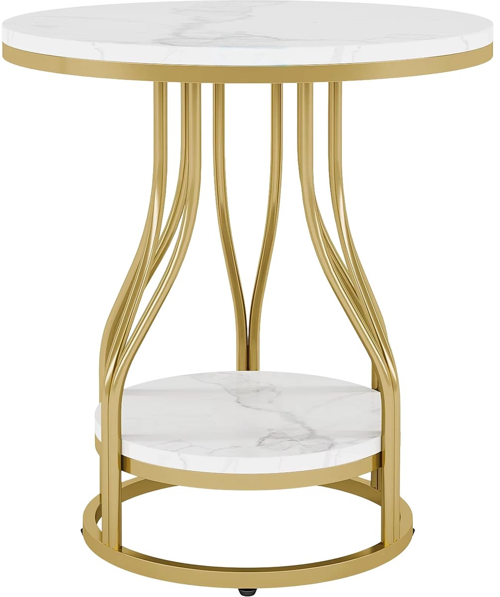 Moderne Bijzettafel met 2 Lagen - Marmerlook - Goud - Voor woonkamer of slaapkamer - Tafeltje