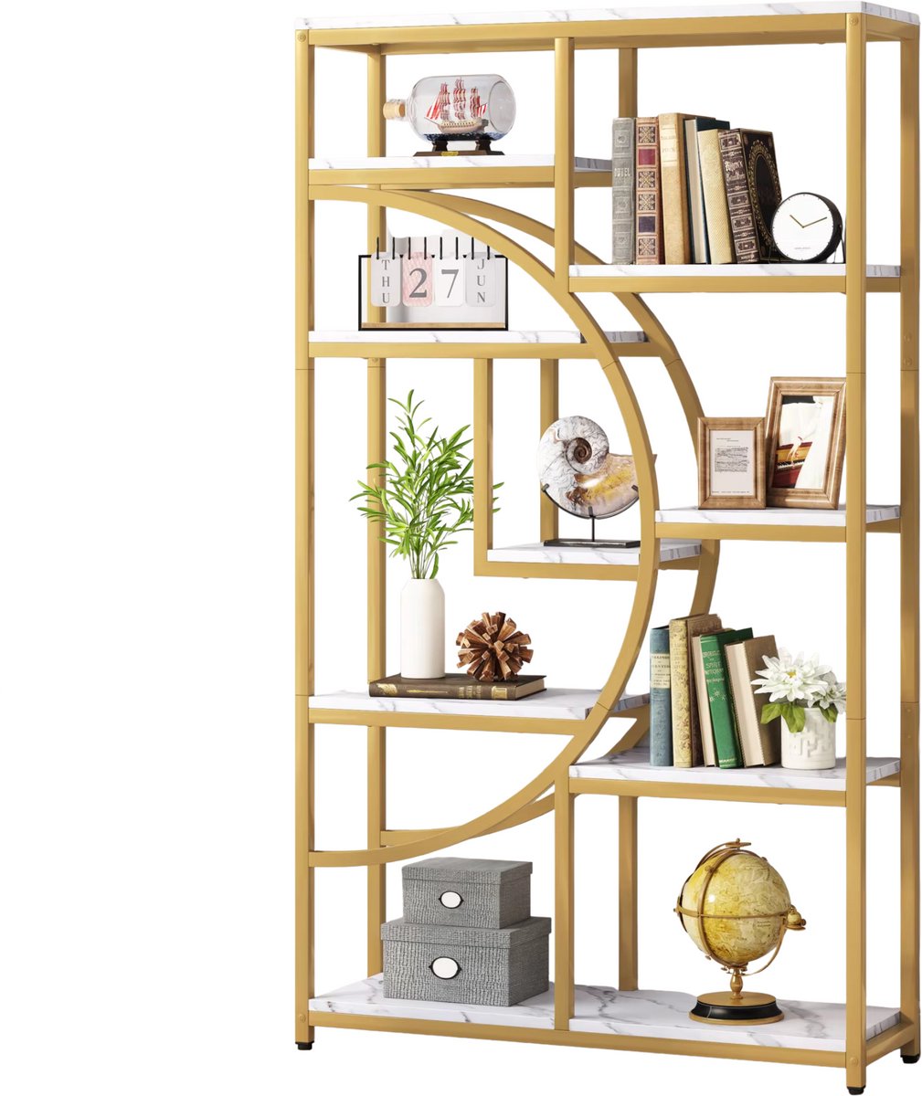 Boekenkast Berlin - Goud - Met 5 Lagen - Marmerlook - Voor Woonkamer, Slaapkamer of Kantoor