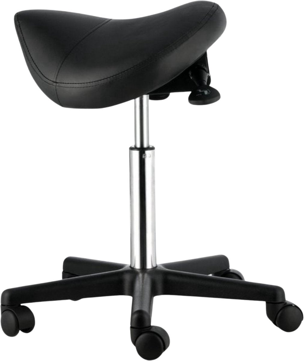Zadelkruk op wielen - Ergonomische Kruk - Kapperskruk- Tabouret- In Hoogte Verstelbaar - PU Leer met Wielen- Zwart