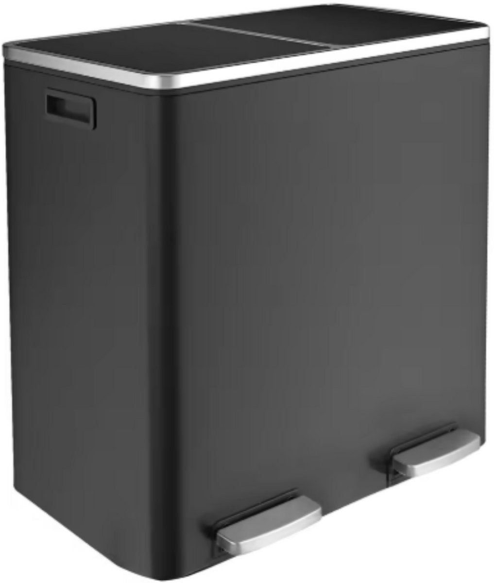 Pedaalemmer 2 vakken - 60L - Prullenbak - Afvalscheiding - RVS - Softclose - Anti-slip - Zwart