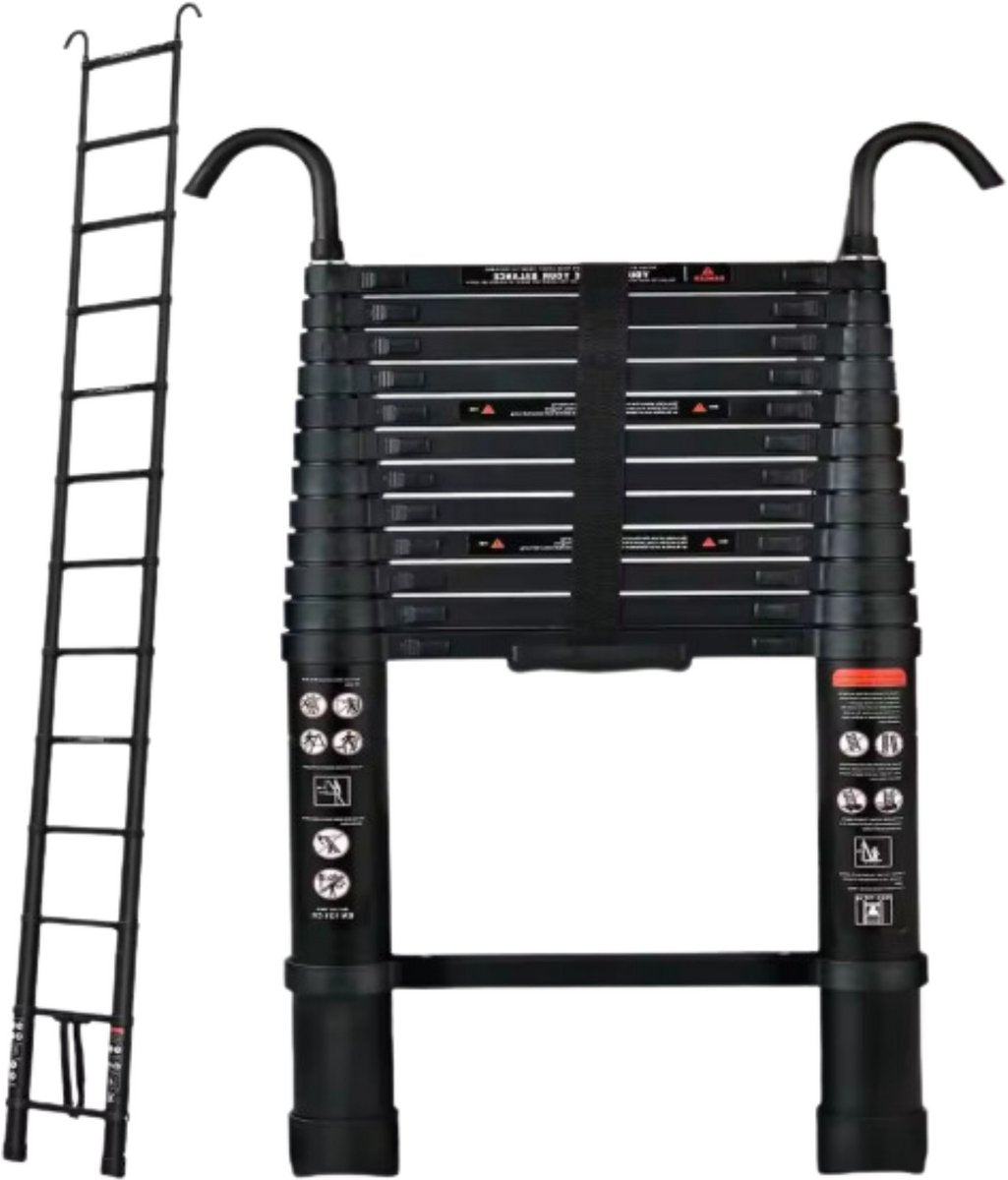 Telescopische Ladder 3,8M - Zwarte Aluminium Verlengladder - Met Haken - Opvouwbaar & Multifunctioneel - Max. 150KG