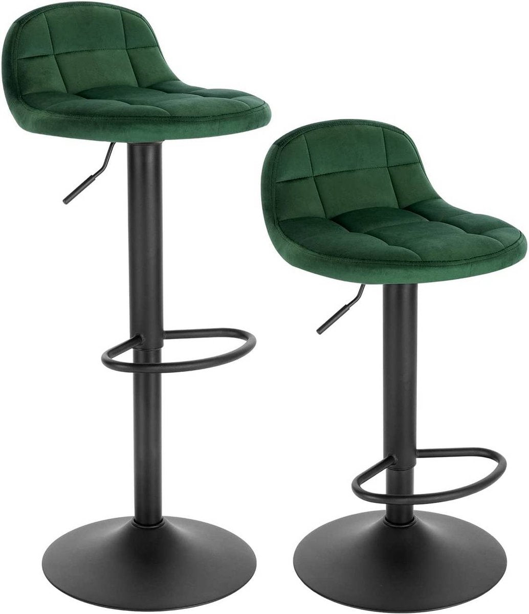 Luxe Barkruk Pluto - Industrial - Donkergroen - Barkrukken set van 2 - Barstoel Kruk - Barstoelen met rugleuning - Keukenstoel - In hoogte verstelbaar - Velvet