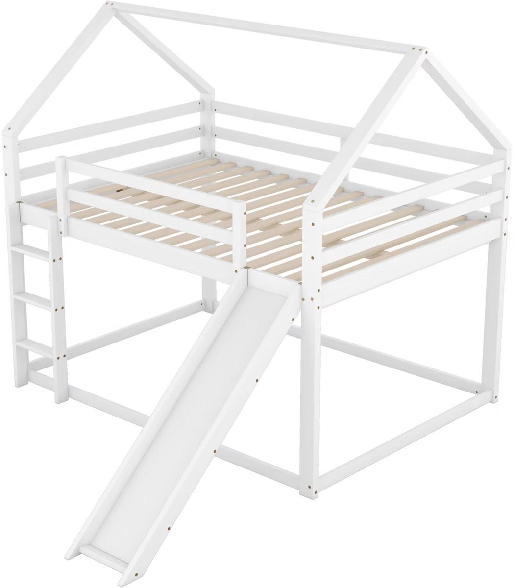 Stapelbed Valora voor kinderen - Met glijbaan - 140x200 cm - 2 kinderbedden - Hoogslaper - Met Hoektrap, valbeveiliging en raam - Peuterbed