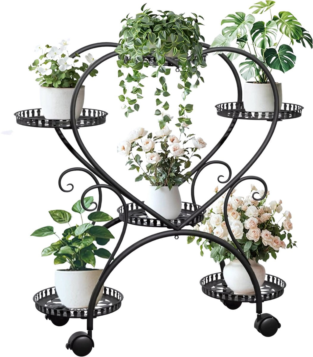 Metalen Plantenstandaard Lovi - Voor Binnen & Buiten - Met wieltjes - 6 bloempotten - Zwart