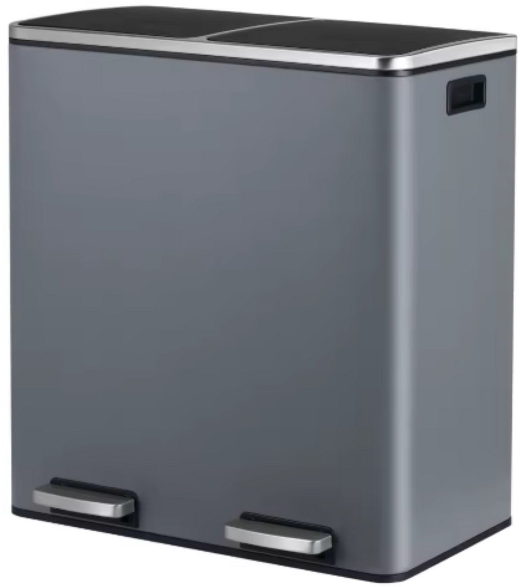 Pedaalemmer 2 vakken - 60L - Prullenbak - Afvalscheiding - RVS - Softclose - Anti-slip - Grijs