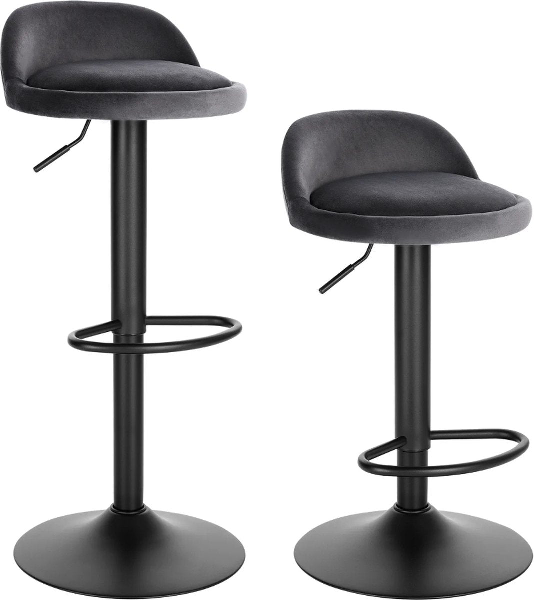 Barkrukken Poly - Set van 2 - Met rugleuning - Velvet - Barstoelen ergonomisch - Keuken - Grijs - Verstelbaar in hoogte - Zithoogte 61-82cm