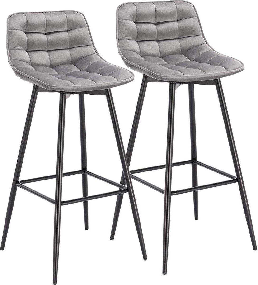 Barkrukken - Lichtgrijs - Set van 2 - Velvet Barstoelen met Rugleuning - Keukenstoelen