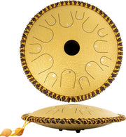 Happyment Stalen Tongdrum - Tongtrommel - Schijftrommel - Tong Drummer - Steel Tongue Drum - Klankschaal - Percussie Instrument - Handpan Drum met Accessoires - Goud - 14 Noten - 30 cm