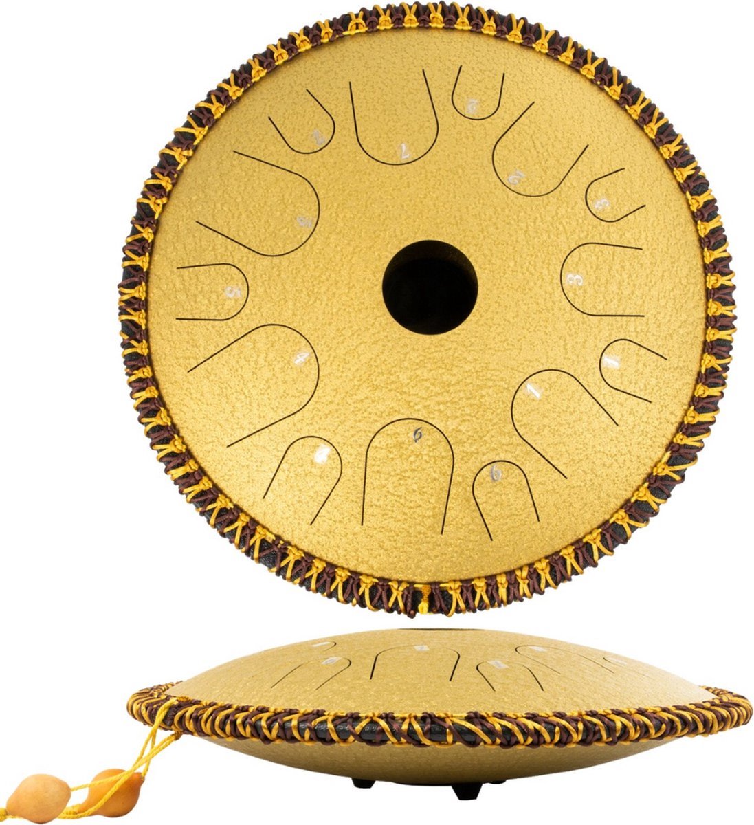 Happyment Stalen Tongdrum - Tongtrommel - Schijftrommel - Tong Drummer - Steel Tongue Drum - Klankschaal - Percussie Instrument - Handpan Drum met Accessoires - Goud - 14 Noten - 30 cm