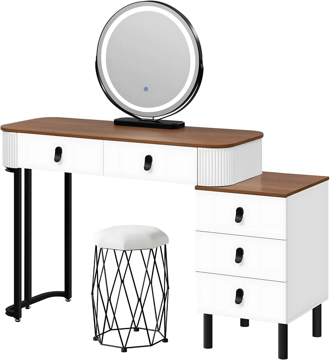 Kaptafel met LED-verlichting - Make-up tafel - Voor Slaapkamer - 3-delige Verstelbare Lichtintensiteit - Inclusief Mobiele Spiegel & Zijkast van