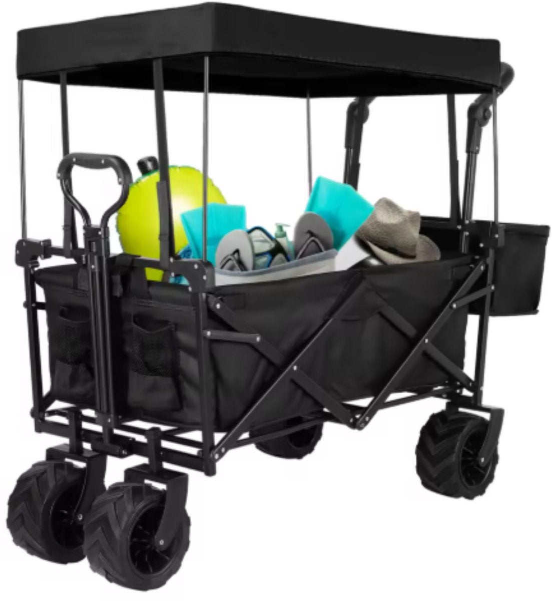 Opvouwbare bolderkar XL - 262L - Opvouwbaar tuinwagen - Met duwstang - Voor buitengebruik - Met verwijderbare luifel en 115 kg capaciteit - All terrain - Zwart