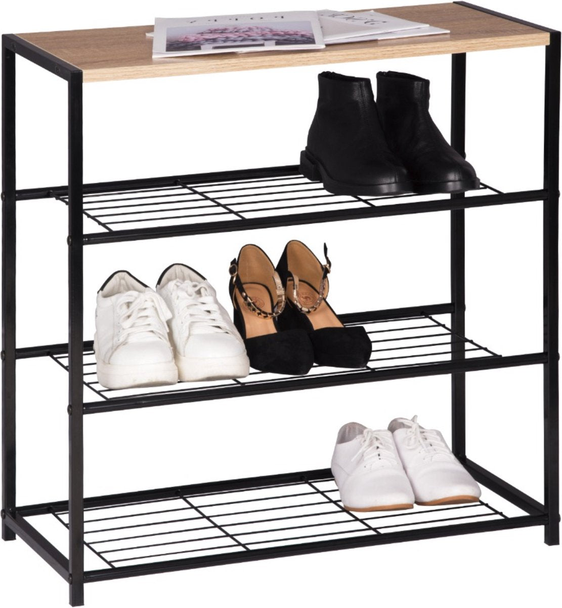 Happyment Schoenenrek Foda - 6 tot 9 paar - Schoenenbank vintage - Zwart - Voor slaapkamer of hal