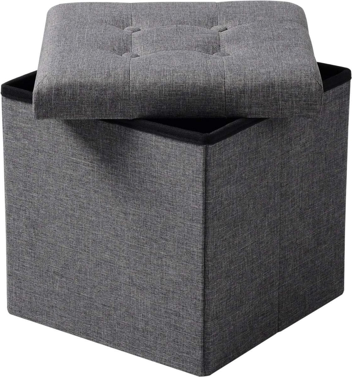 Happyment Poef Zazu - Met opbergruimte - Opbergbank Poef - Voetenbank - Opbergbox hocker - Zitkist met deskel - Donkergrijs - Stof - 50x35x45cm