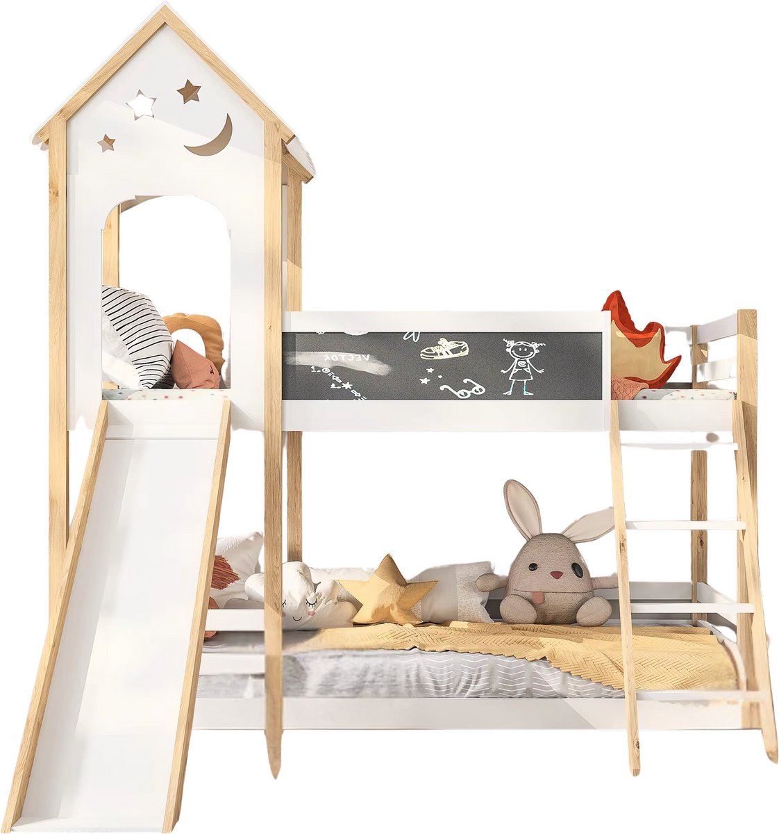 Stapelbed voor kinderen - Met glijbaan - 90x200 cm - 2 kinderbedden - Met Hoektrap, valbeveiliging en raam - Peuterbed