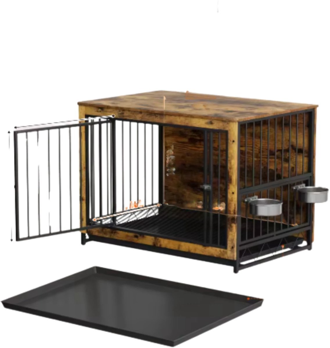 Houten Hondenbenche Tavien - Hondenren - Hondenkrat Bijzettafel met Afneembare Kommen en Dienblad - Dubbele Deuren Hondenkennel voor Middelgrote Honden Binnen - 99 x 63 x 72 cm - Bruin