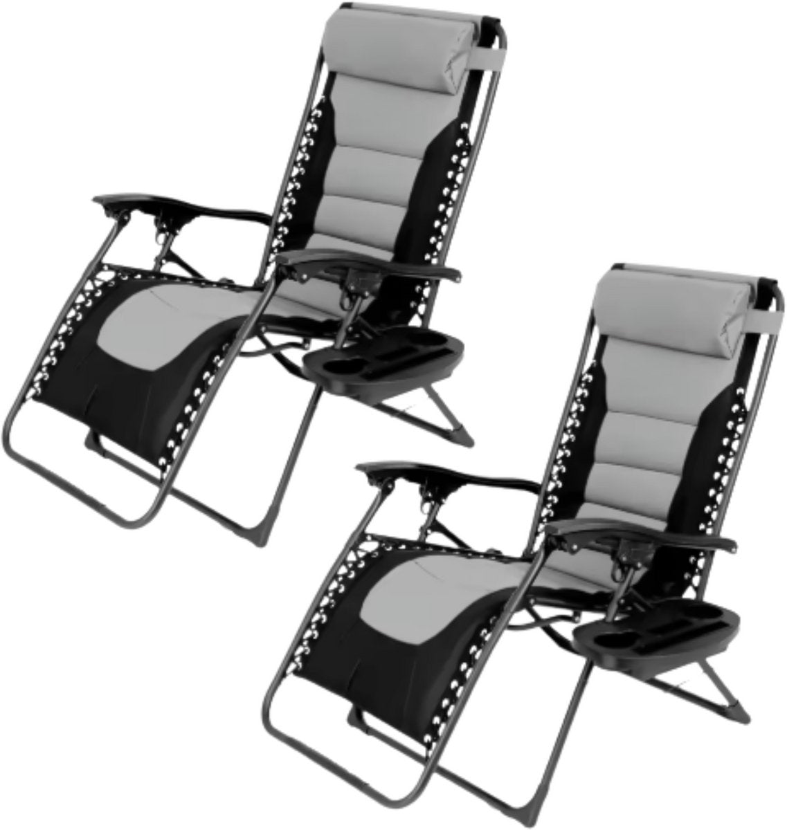 Gewatteerde Zero Gravity Lounge Chair - Tuinstoel - Ligbed - Voor Terras & Tuin - Opvouwbare Fauteuil met Verstelbare Hoofdsteun, Bekerhouder - Ondersteuning tot 160 kg - 2 stuks - Zwart