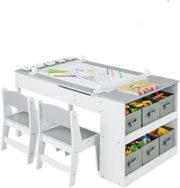 Kunsttafel en Stoelenset voor Kinderen - Houten Knutseltafel met 2 Stoelen, Opbergplanken, Canvas Bakken en Papierrol - Speeltafel voor de Kamer - Grijs