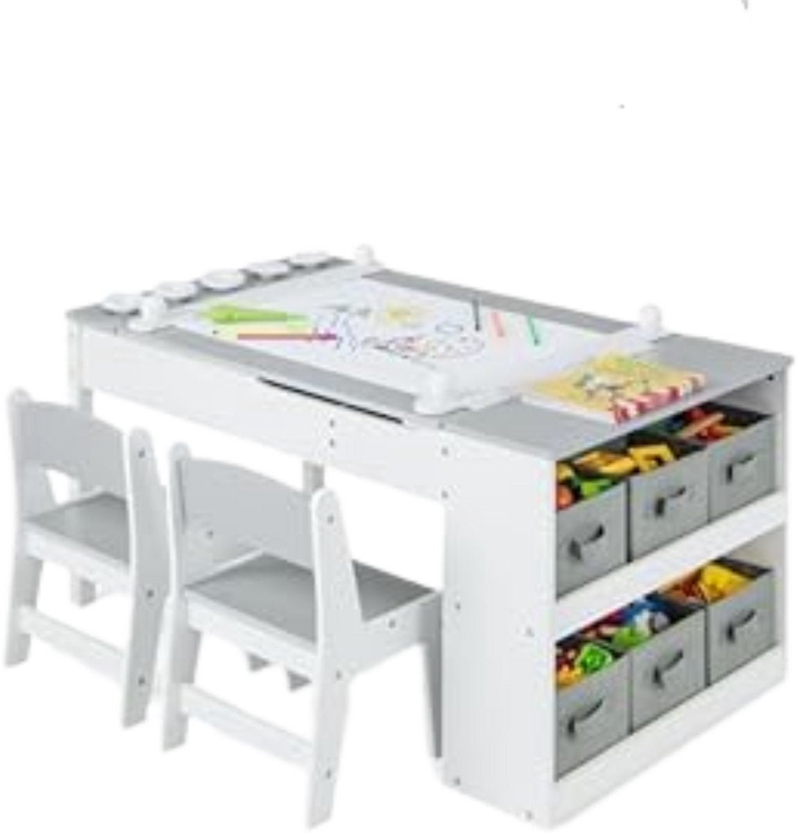 Kunsttafel en Stoelenset voor Kinderen - Houten Knutseltafel met 2 Stoelen, Opbergplanken, Canvas Bakken en Papierrol - Speeltafel voor de Kamer - Grijs
