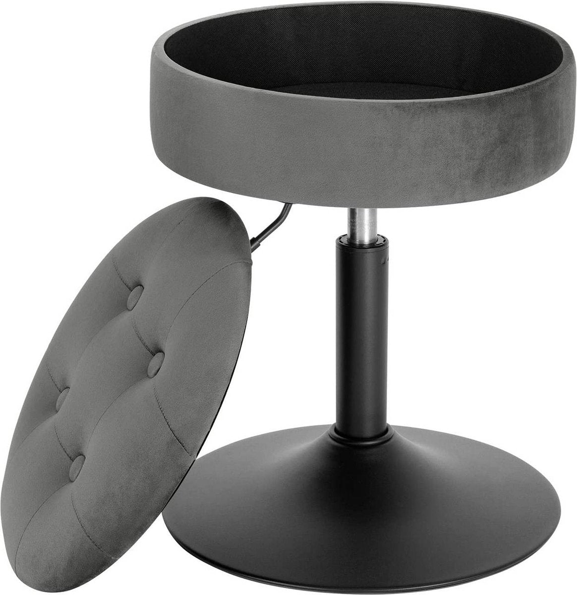 Mini Barkruk - Grijs - Set van 1 - Kleine ronde kruk - Met opbergruimte - Keuken - Barstoel - Velvet - Verstelbaar in hoogte - Zithoogte 49-65cm