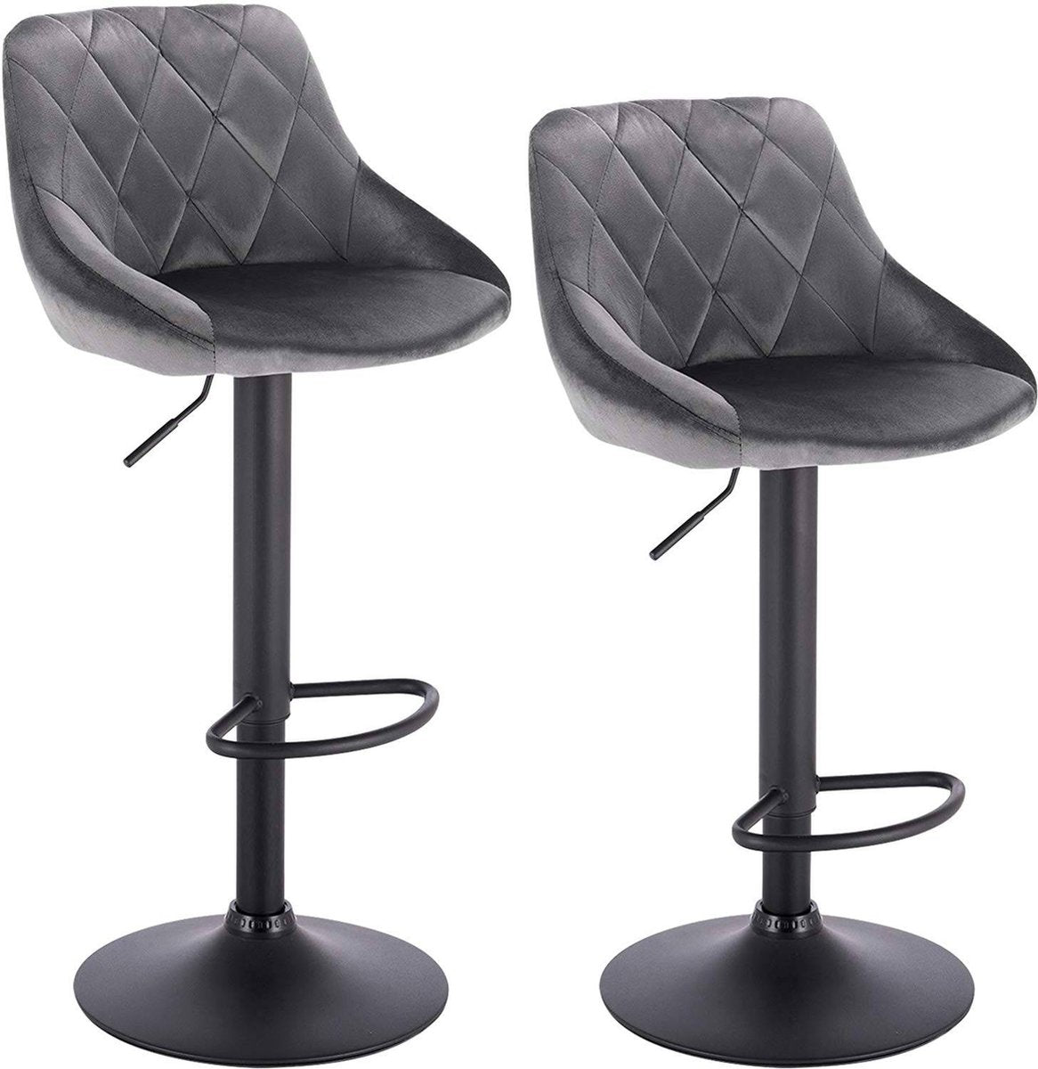 Designer Barkruk Zino - Met rugleuning - Stevig - Ergonomische barstoel - Velvet - Zithoogte 60 - 82cm - Grijs - Set van 2 - Keuken en bar - In hoogte verstelbaar