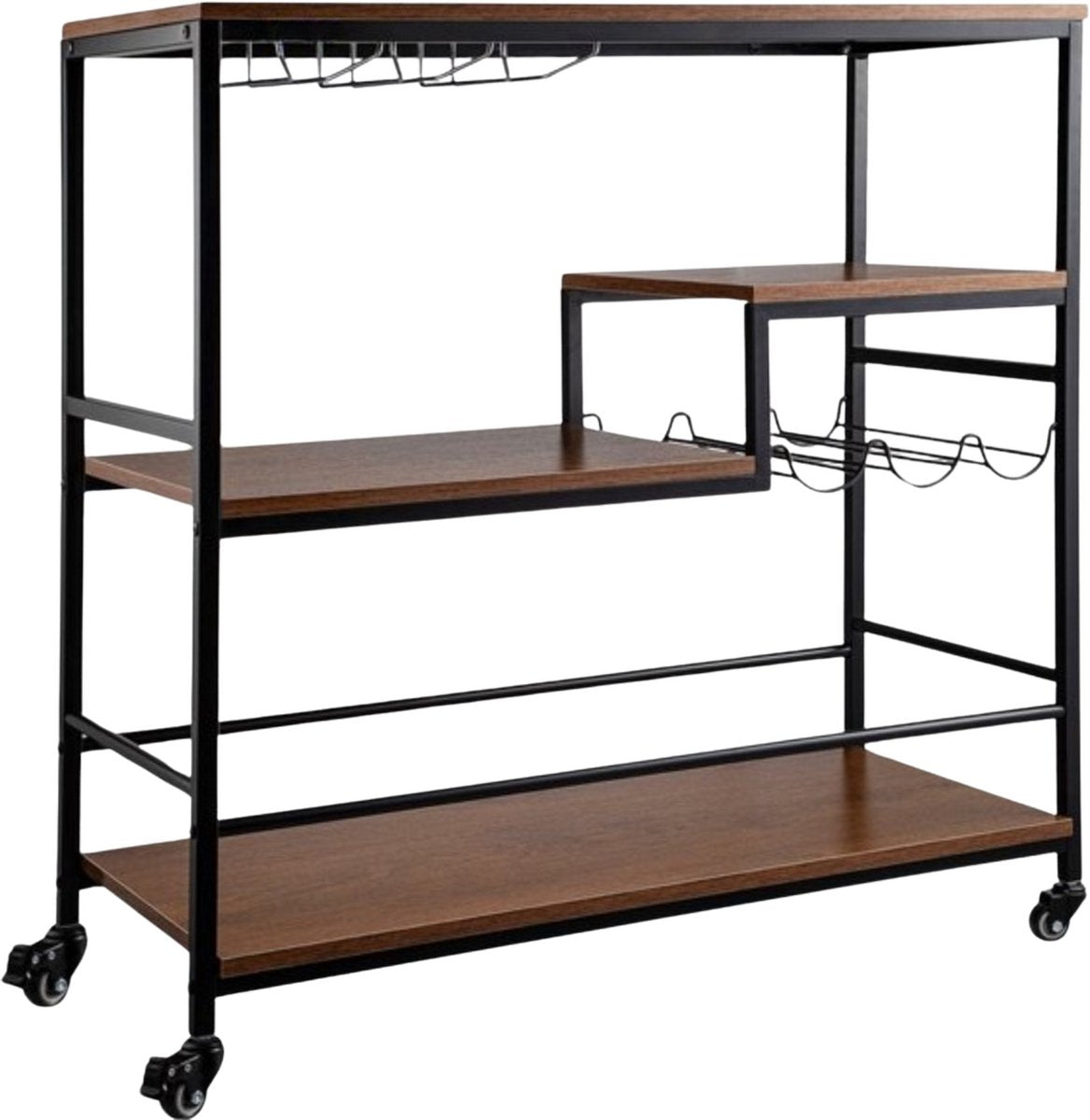 Bar trolley op wieltjes - Drankjes Trolley -Serveerwagen - 3 bladen plateaus - Theewagen hout - 100 kg Laadvermogen