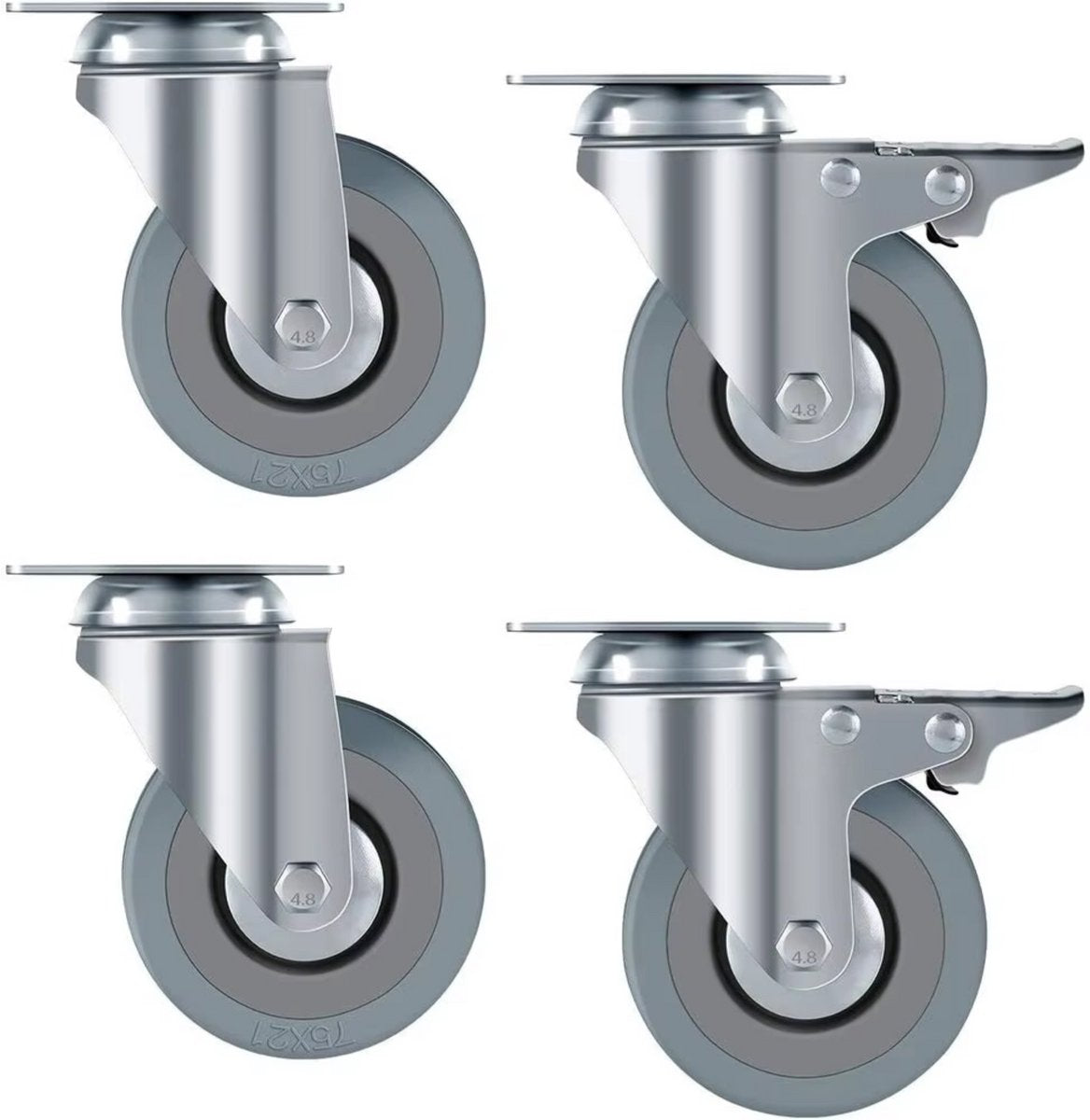 Zwenkwielen met rem - Set van 4 - Ø75 mm - Set van 4 - Transportrollen - Zware wielen - 150KG Draagvermogen