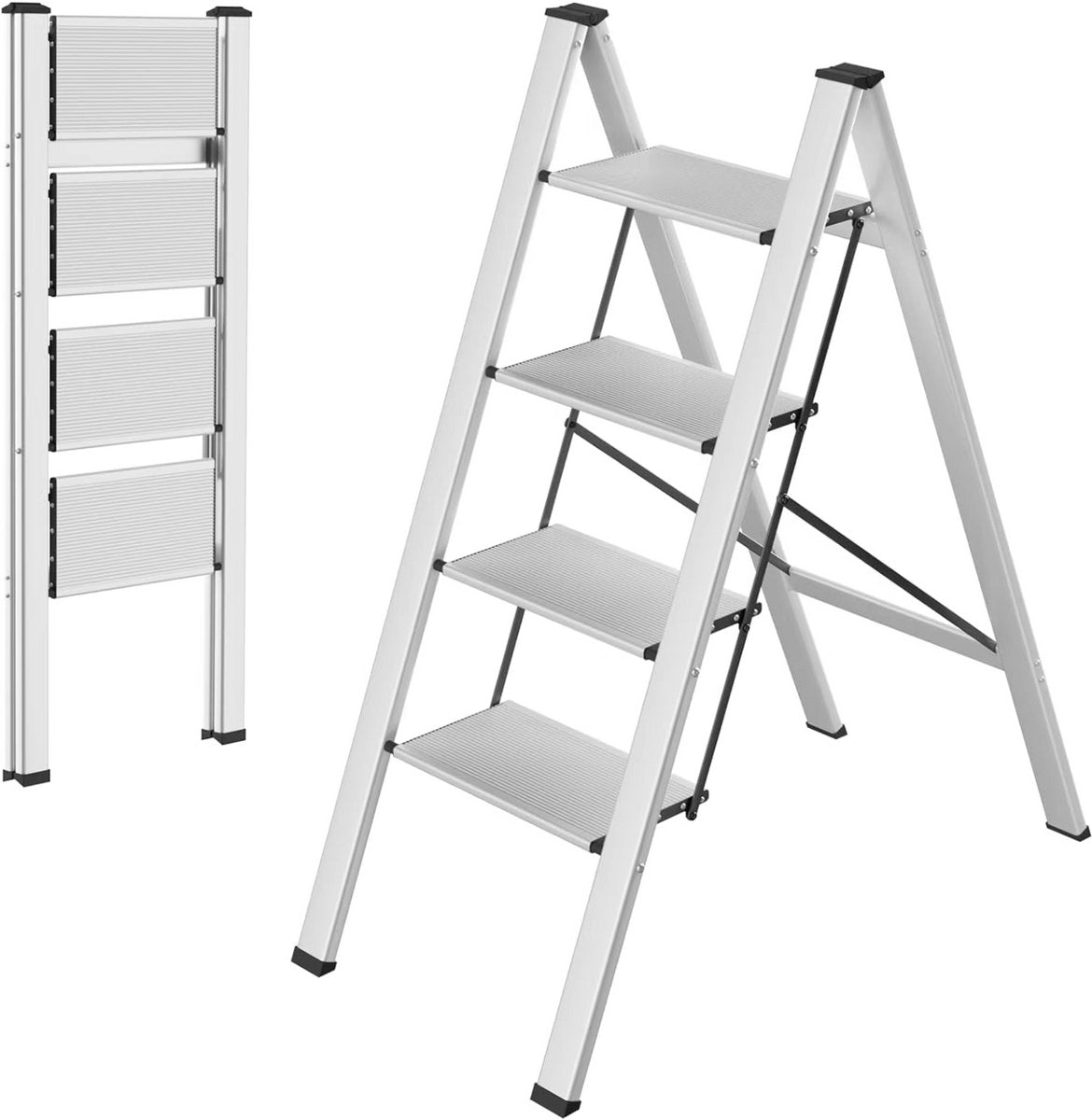 Huishoudtrap - Keukentrap - 4 treden - Ladder Aluminium - Opstapkruk met anitslip - Lichtgewicht - 150KG Belastbaar - Zilver