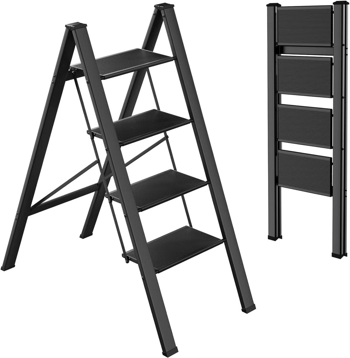 Lichtgewicht Aluminium Vouwladder -4-treden - Keukentrap - Huishoudtrap - Voor Huishoudelijk Gebruik & Veilig Opstappen - Brede Stappen & Draagbaar Ontwerp - Slank & Inklapbaar