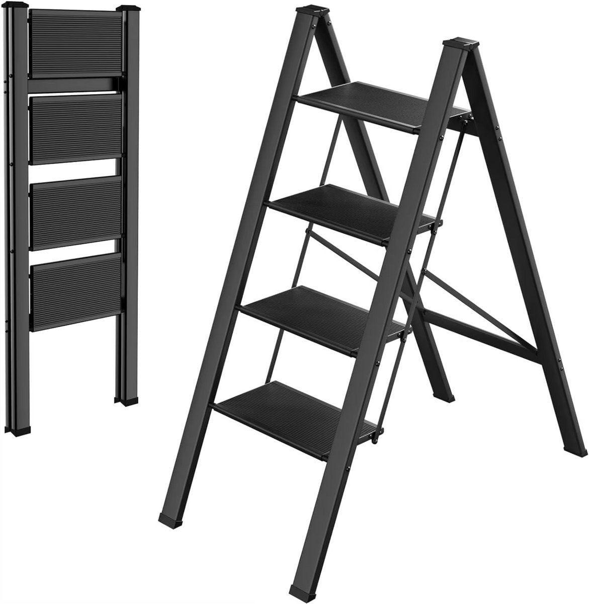 Huishoudtrap - Keukentrap - 4 treden - Ladder Aluminium - Opstapkruk met anitslip - Lichtgewicht - 150KG Belastbaar - Zwart