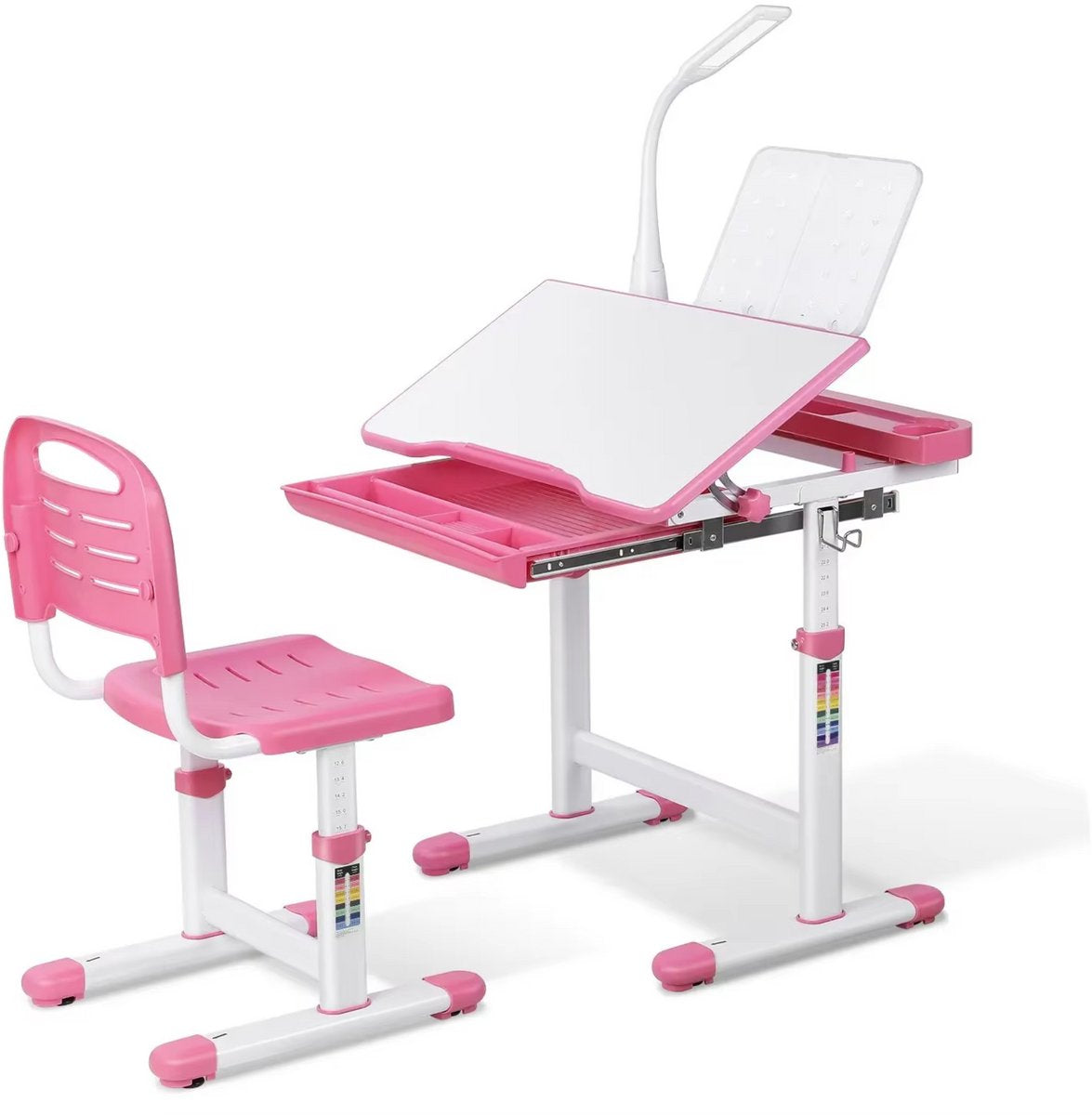 Kinderbureau set met in hoogte verstelbare bureaustoel - Uittrekbare lade voor kinderen, geschikt voor 3-10 jaar studie - Roze - 66,5 x 50 x 54–76,5 cm