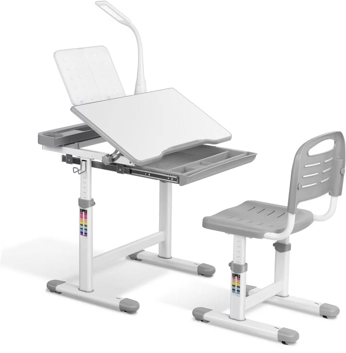 Kinderbureau met stoellade en leesstandaard - Studietafel en stoel voor kinderen van 3-10 jaar - Lichtgrijs - 66,5 x 50 x 54–76,5 cm