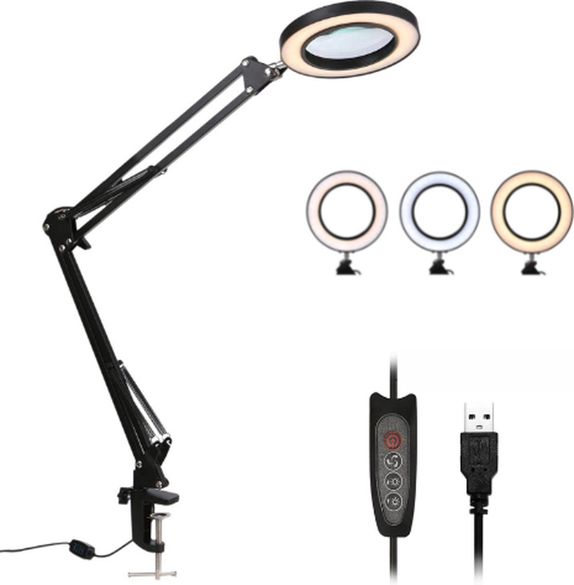 Happyment Loeplamp met Led verlichting - 5X Vergroot - Vergrootglas met lamp - Bureaulamp - 10 dioptrie - Zwart