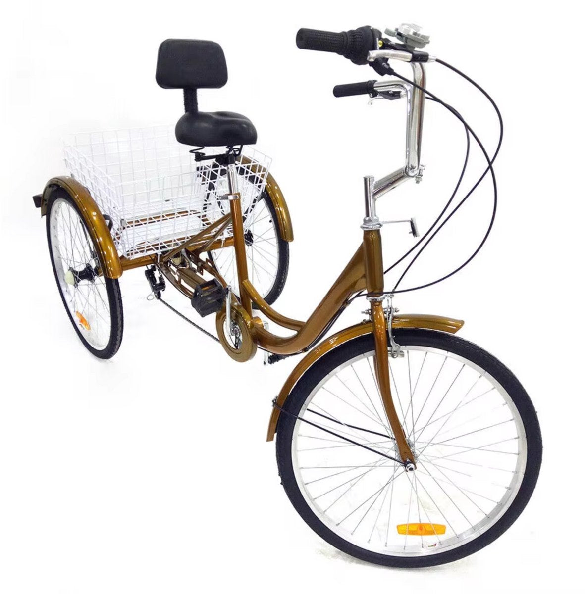 Opulence Driewieler voor volwassenen - 6 versnellingen - Fiets voor senioren - 24 Inch - Met mand - Voorrem - Goud