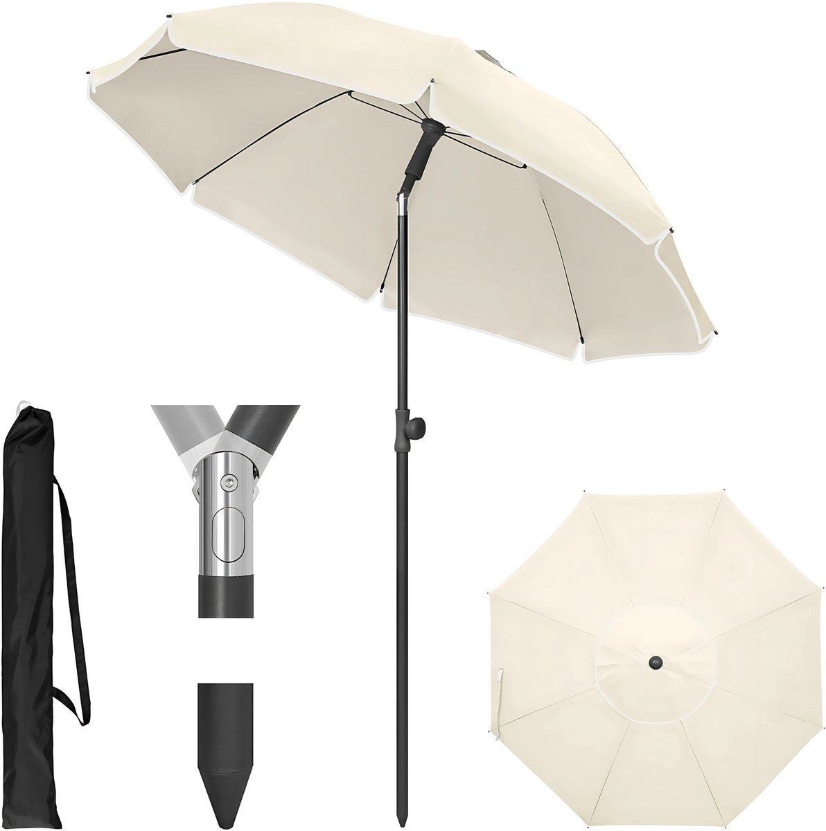 Ronde Parasol - Voor Balkon, Strand of Tuin - Verstelbaar & 45° Kantelbaar - UV-Resistent & Waterdicht - Beige Diameter 175cm