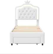 Kinderbed Tavien voor meisjes - 90x200cm - Gestoffeerd bed met 1 lade - LED-verlichting en rugleuning - Eenpersoonsbed