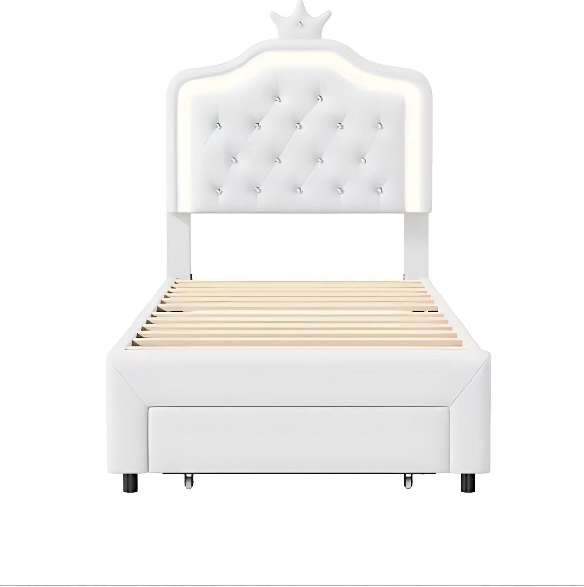 Kinderbed Tavien voor meisjes - 90x200cm - Gestoffeerd bed met 1 lade - LED-verlichting en rugleuning - Eenpersoonsbed