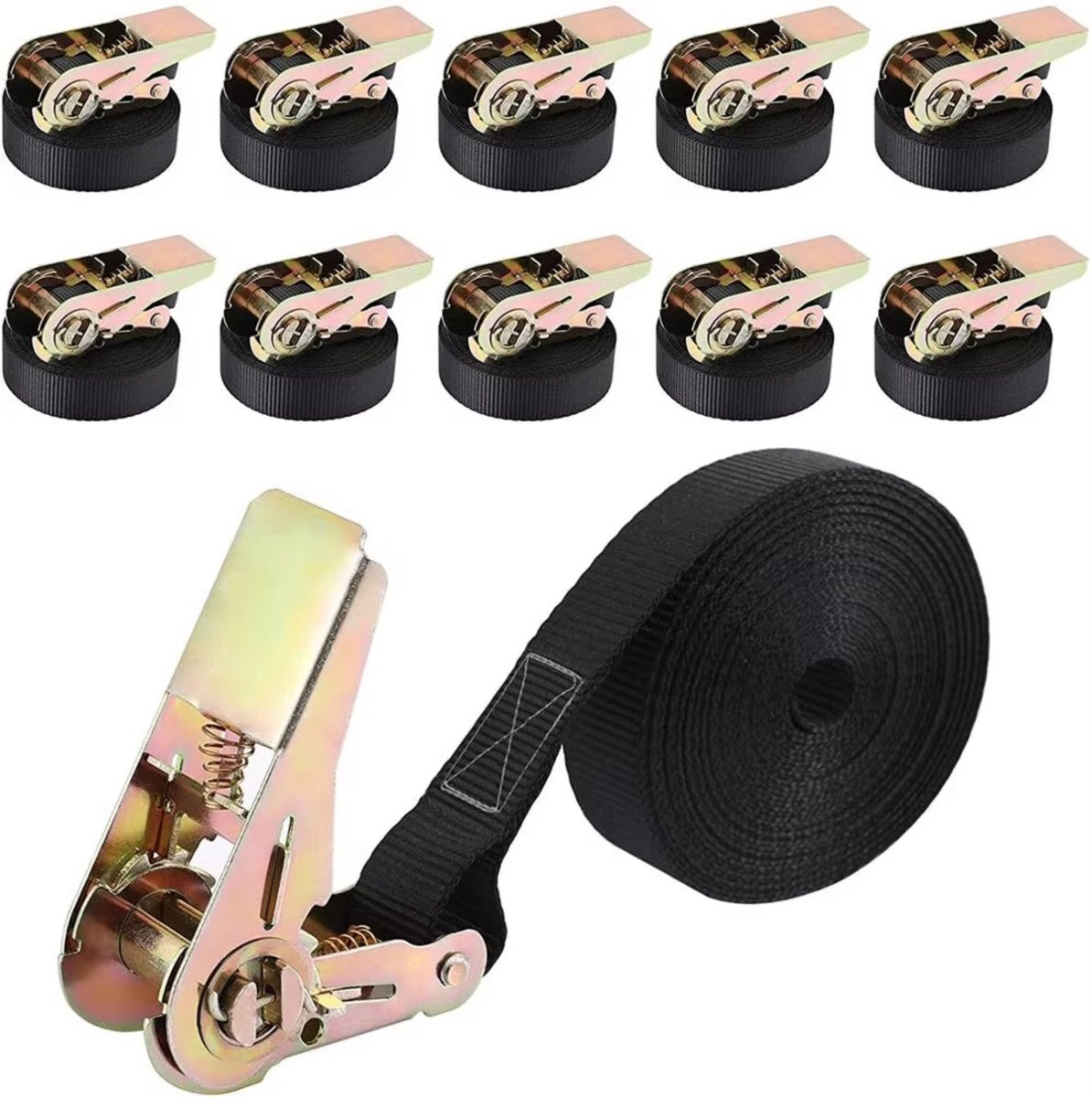 Spanbanden met ratel - 10 stuks - Sjorband - Ratelriemen 25mm/6m -800kg trekkracht - Polyester Zwart