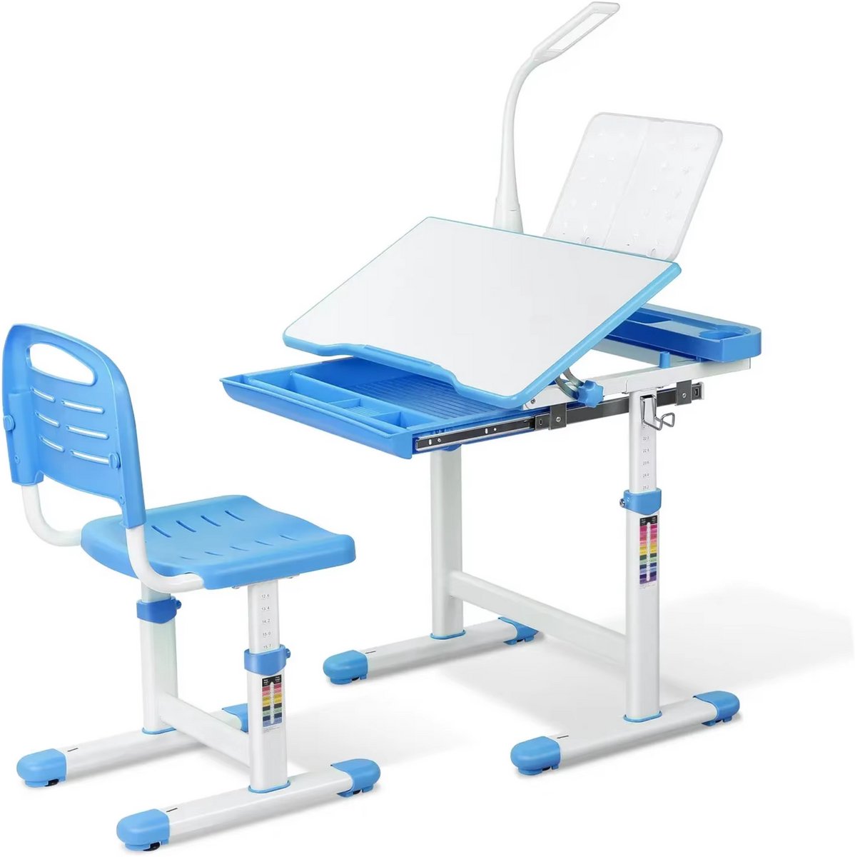 Kinderbureau met stoellade en leesstandaard - Voor kinderen, studietafel en stoel - Geschikt voor 3-10 jaar - Blauw - 66,5 x 50 x 54–76,5 cm