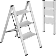 Huishoudtrap - Keukentrap - 3 treden - Ladder Aluminium - Opstapkruk met anitslip - Lichtgewicht - 150KG Belastbaar - Zilver