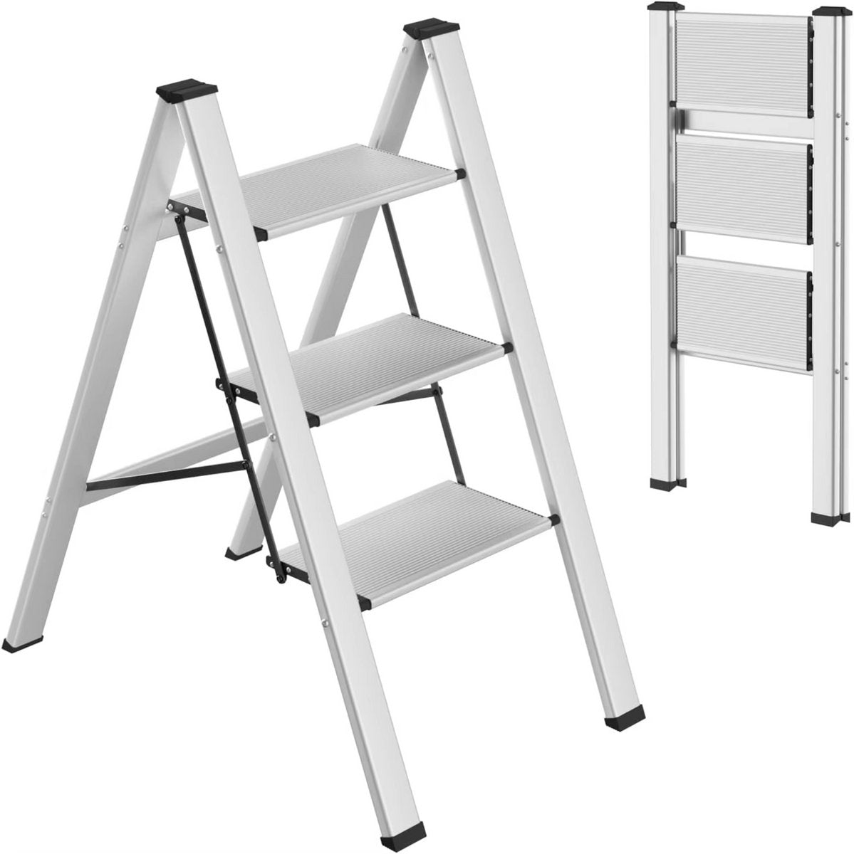 Huishoudtrap - Keukentrap - 3 treden - Ladder Aluminium - Opstapkruk met anitslip - Lichtgewicht - 150KG Belastbaar - Zilver