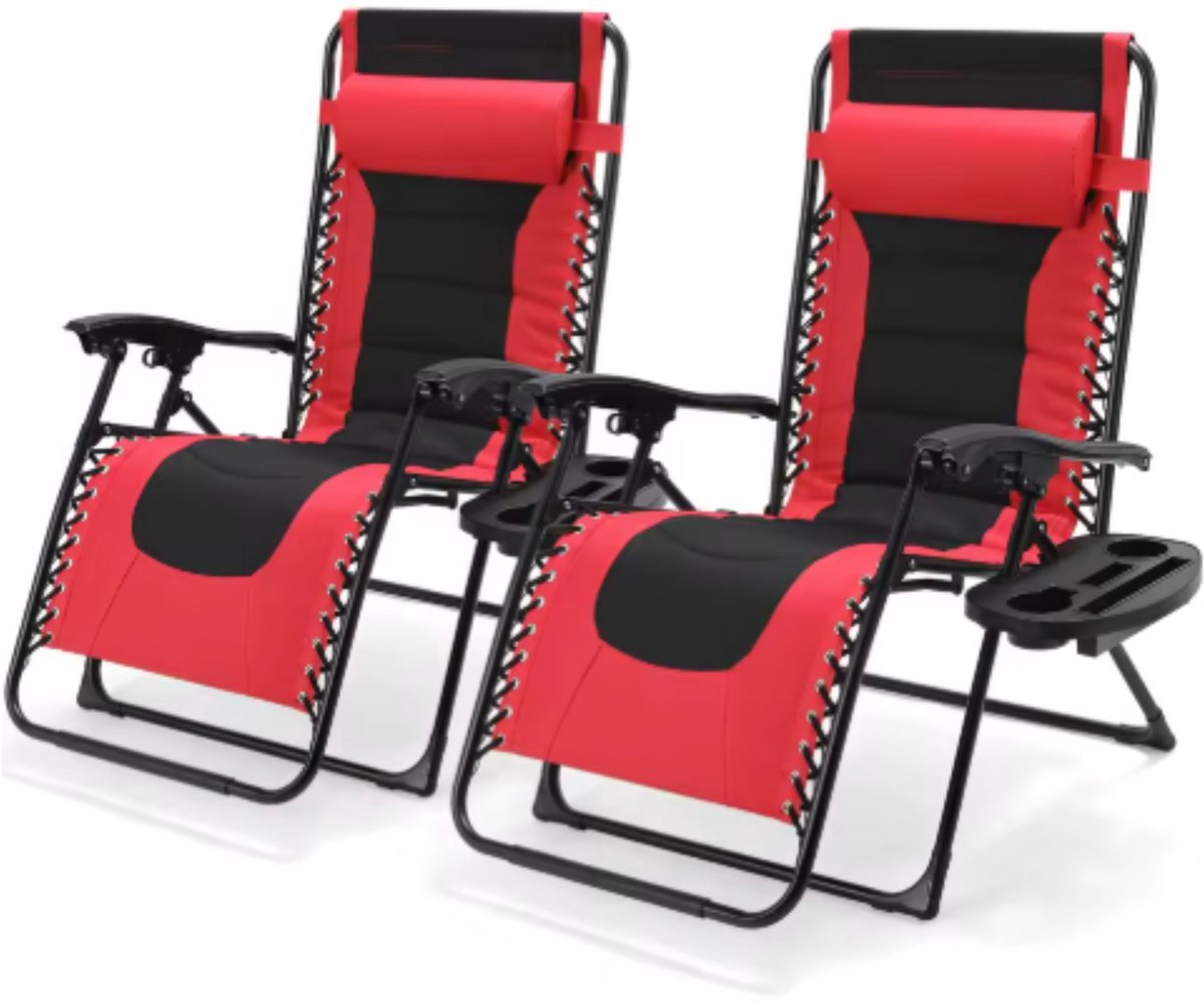 Gewatteerde Zero Gravity Lounge Chair Valora - Tuinstoel - Ligbed - Voor Terras & Tuin - Opvouwbare Fauteuil met Verstelbare Hoofdsteun en Bekerhouder - Ondersteunt Tot 160 kg - 2 stuks - Rood