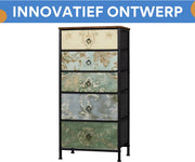 Woonkamerkast Fioren - Voor Opbergen in Woonkamer of Slaapkamer - Industrieel Dressoir met 5 Stoffen Lades - Rustiek Bruin Metaal