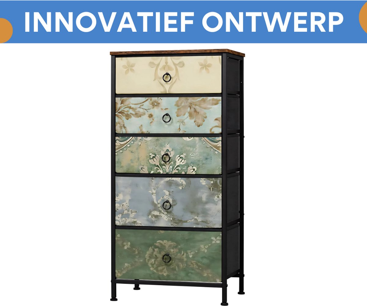 Woonkamerkast Fioren - Voor Opbergen in Woonkamer of Slaapkamer - Industrieel Dressoir met 5 Stoffen Lades - Rustiek Bruin Metaal