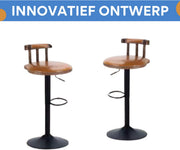 Retro Barkrukken - Set van 2 - Met rugleuning - Licht bruin - Verstelbaar - Voor Keuken, Bar of woonkamer - Draaibaar - PU leer