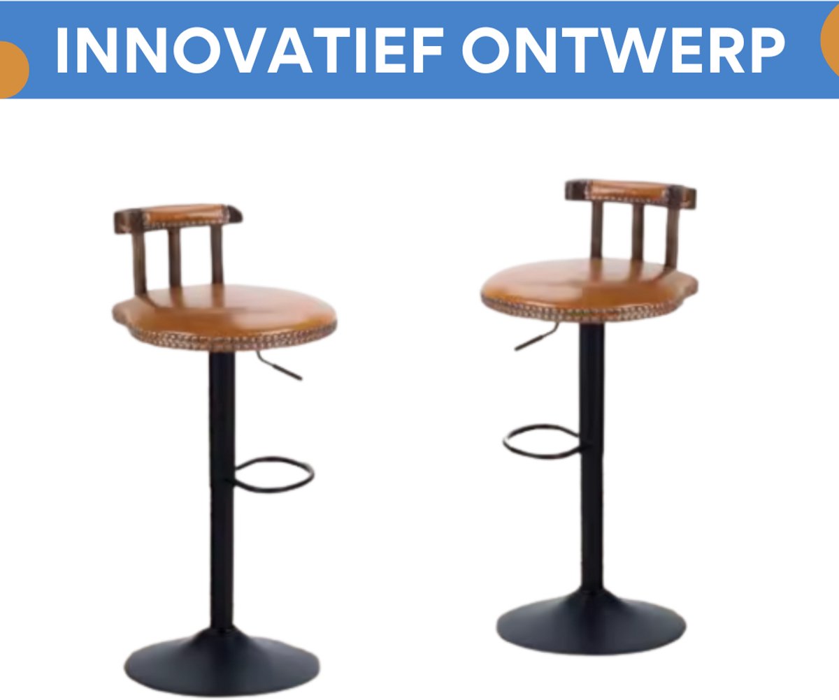 Retro Barkrukken - Set van 2 - Met rugleuning - Licht bruin - Verstelbaar - Voor Keuken, Bar of woonkamer - Draaibaar - PU leer