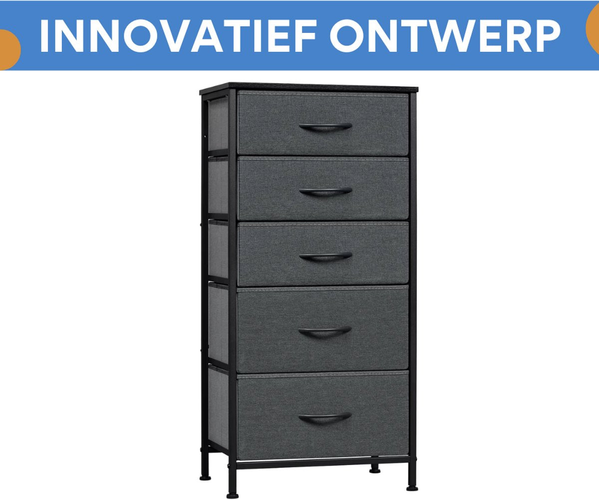 Woonkamerkast Zyrell - Voor Opbergen in Woonkamer of Hal - Industrieel Dressoir met 5 Lades - Rustiek Bruin Metaal en Stof