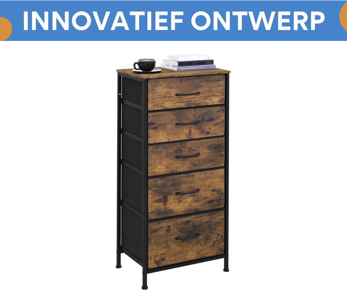 Woonkamerkast Tavien - Voor Opbergen in Woonkamer of Slaapkamer - Industrieel Dressoir met 5 Stoffen Lades - Rustiek Bruin Metaal