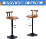 Barkrukken Retro Fioren - Set van 2 - Met rugleuning - Licht bruin - Verstelbaar - Voor Keuken, Bar of woonkamer - Draaibaar - PU leer