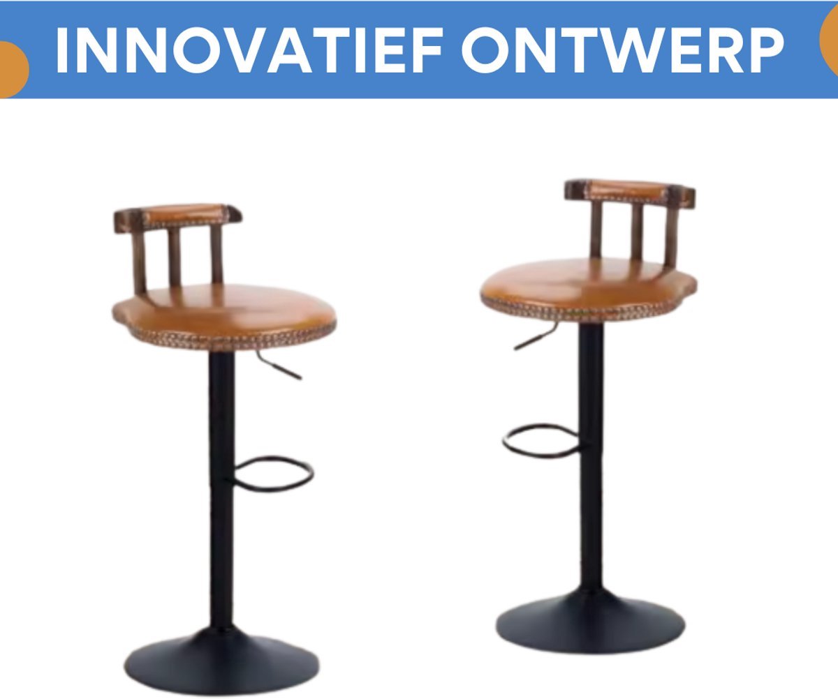 Barkrukken Retro Fioren - Set van 2 - Met rugleuning - Licht bruin - Verstelbaar - Voor Keuken, Bar of woonkamer - Draaibaar - PU leer